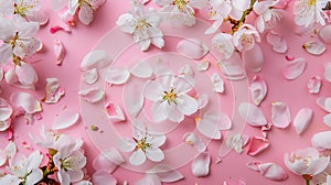 Generative AI Spring floral background texture and wallpaper Flatlay of white almond blossom flowers and petals ov