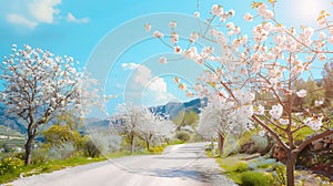Generative AI Spring garden with blooming almond trees on sides of road in hills against the blue sky in nature on