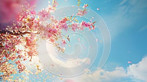 Generative AI Spring landscape with blossoming almond tree with pink flowers in nature against blue sky on bright