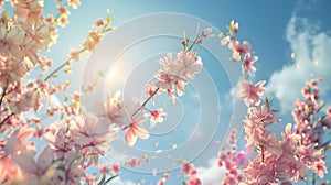 Generative AI Spring landscape with blossoming almond tree with pink flowers in nature against blue sky on bright