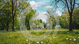 Generative AI Spring Nature scene Beautiful Landscape Park with dandelions Green Grass Trees and flowers Tranquil
