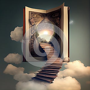 Generative AI: stairway in the sky entering a storybook in the clouds