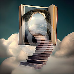 Generative AI: stairway in the sky entering a storybook in the clouds