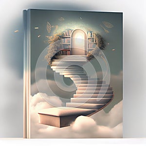 Generative AI: stairway in the sky entering a storybook in the clouds