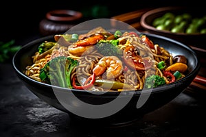 Generative AI Stir fry noodles with vegetables and shrimps in black bowl