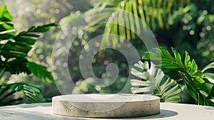 Generative AI Stone podium table top outdoors blur green monstera tropical forest plant nature backgroundBeauty co