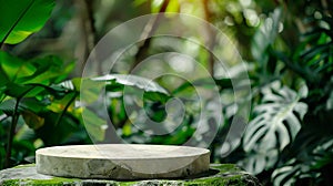 Generative AI Stone podium table top outdoors blur green monstera tropical forest plant nature backgroundBeauty co