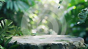 Generative AI Stone podium table top outdoors blur green monstera tropical forest plant nature backgroundBeauty co