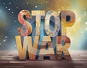 Generative AI Stop War Text with Wooden Letters and Paints