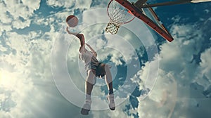 Generative AI Street basketball player making a powerful slam dunk on the court Athletic male training outdoor on