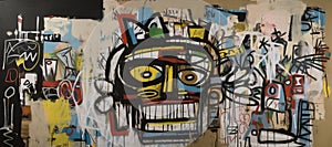 Generative AI, street graffiti abstract art with ugly face on a textured wall vintage background