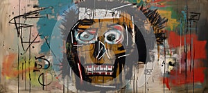 Generative AI, street graffiti abstract art with ugly face on a textured wall vintage background