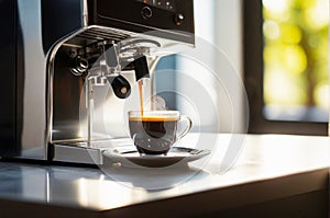 Generative Ai, strong black espresso coffee, poured in a clear glass cup from an expresso machine