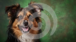 Generative AI studio headshot portrait of brown white and black medium mixed breed dog smiling against a green bac