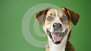 Generative AI studio headshot portrait of brown white and black medium mixed breed dog smiling against a green bac