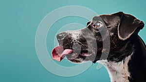 Generative AI studio headshot portrait of dark brown and white medium mixed breed dog licking with tongue to side