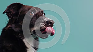 Generative AI studio headshot portrait of dark brown and white medium mixed breed dog licking with tongue to side