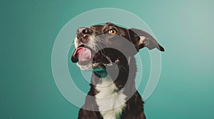 Generative AI studio headshot portrait of dark brown and white medium mixed breed dog licking with tongue to side