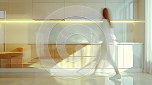 Generative AI Stylish kitchen interior of modern apartment with motion blurred female person walking inside Interi