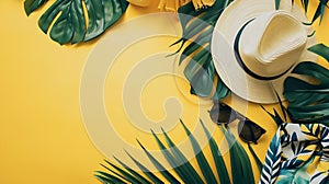 Generative AI Summer fashion clothing and accessories on yellow background trendy tropical pattern flat lay with c