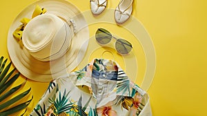 Generative AI Summer fashion clothing and accessories on yellow background trendy tropical pattern flat lay with c