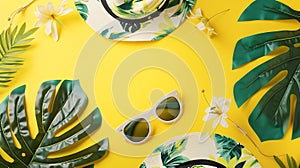 Generative AI Summer fashion clothing and accessories on yellow background trendy tropical pattern flat lay with c