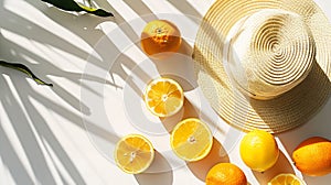 Generative AI Summer fashion flat lay with straw hat lemons and oranges on white background Palm shadow sun sunlig