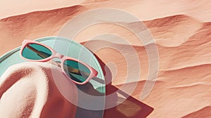 Generative AI Summer minimal background with widebrimmed hat colored sunglasses on sandy color background with sun