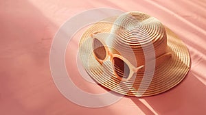Generative AI Summer minimal background with widebrimmed hat colored sunglasses on sandy color background with sun