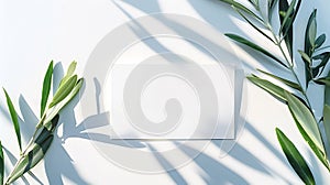 Generative AI Summer stationery blank business card mockup scene Horizontal greeting card with blooming green oliv