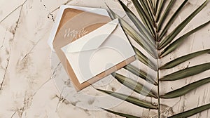 Generative AI Summer stationery still life Closeup of blank card mockup and craft envelope on dry palm leaf Grunge