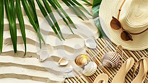 Generative AI Summer vacation background Top view of straw hat green palm leaf ocean shell beach towel sunglasses