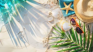 Generative AI Summer vacation background Top view of straw hat green palm leaf ocean shell beach towel sunglasses