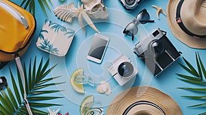 Generative AI Summer vacation things neatly organised Travel concept Flat lay business concept.