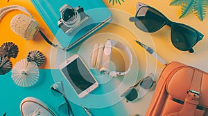 Generative AI Summer vacation things neatly organised Travel concept Flat lay business concept.