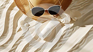 Generative AI Sunscreen tube mockup with sunglasses panama hat and sand molds Baby sun protection concept business