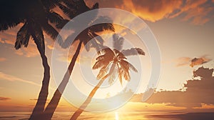 Generative AI Sunset Beach with palm trees and beautiful sky landscape Travel Tourism vacation concept background