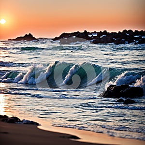 Generative AI, Sunset sea waves beat the waves