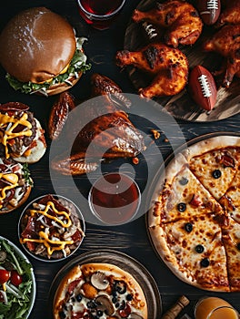 Generative AI Super Bowl or football theme food table scene. Pizza, hamburgers, wings, snacks and sides. Overhead