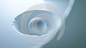 Generative AI Super slow motion of golf ball falls into the hole at the camera view inside the hole closeup busine