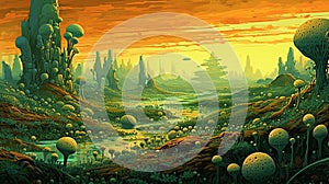 Generative AI, Surreal view from the orange and green planet landscape, sci-fi illustration,