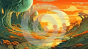 Generative AI, Surreal view from the orange and green planet landscape, sci-fi illustration,