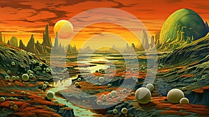 Generative AI, Surreal view from the orange and green planet landscape, sci-fi illustration,