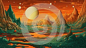 Generative AI, Surreal view from the orange and green planet landscape, sci-fi illustration,