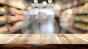 Generative AI Table and blur background Wooden counter over blur bokeh light background Brown wood table top shelf