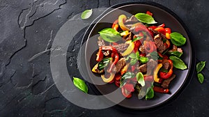 Generative AI Thai beef stirfry with pepper and basil on plate on a dark stone background with copy space Top view