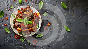 Generative AI Thai beef stirfry with pepper and basil on plate on a dark stone background with copy space Top view