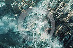 Generative ai on theme of a scary tsunami with huge foamy wave, apocalyptic dramatic background