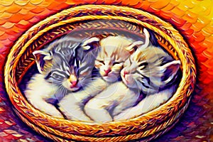 Three adorable newborn kittens cuddled up in a thai-style basket photo