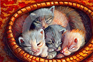 Three adorable newborn kittens cuddled up in a thai-style basket photo